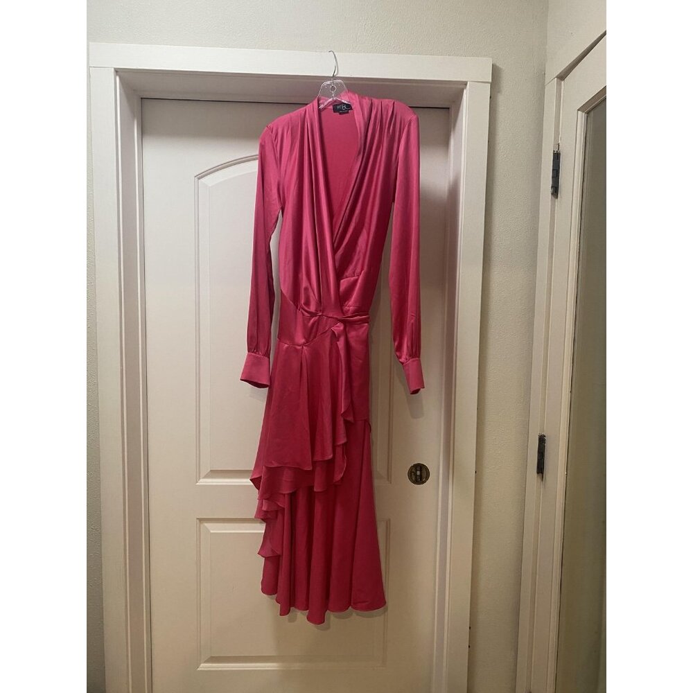 PatBO Hi-Low Maxi Wrap Dress Womens 2 Pink Satin Long Sleeve Ruffle Party - Picture 2 of 6